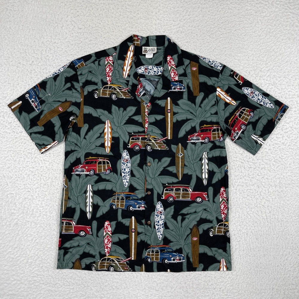 Aloha Republic Button Down Shirt Mens Large Black Tropical Woody Car Surfboard